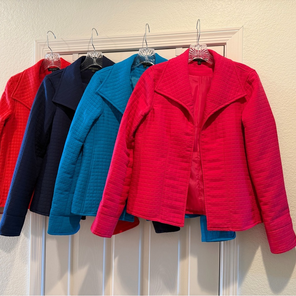 4 Quilted Jackets by “For Cynthia”, Hot Pink, Turquoise, Navy Blue & Red - Small